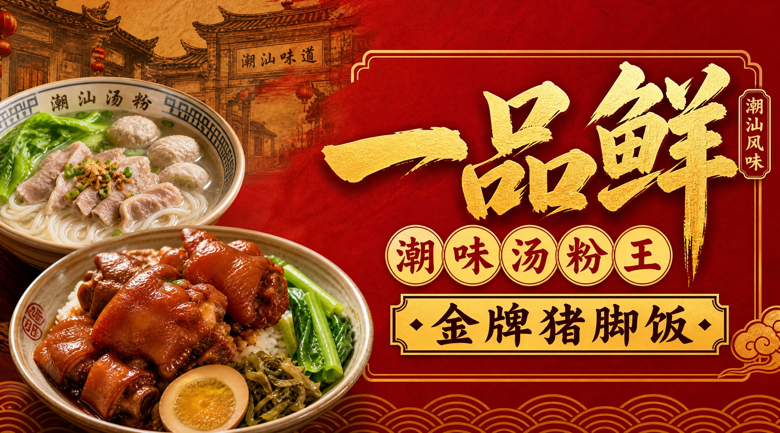 餐饮店招设计，店名"一品鲜潮味汤粉王·金牌猪脚饭"，横版店招，… - 图片创意预览