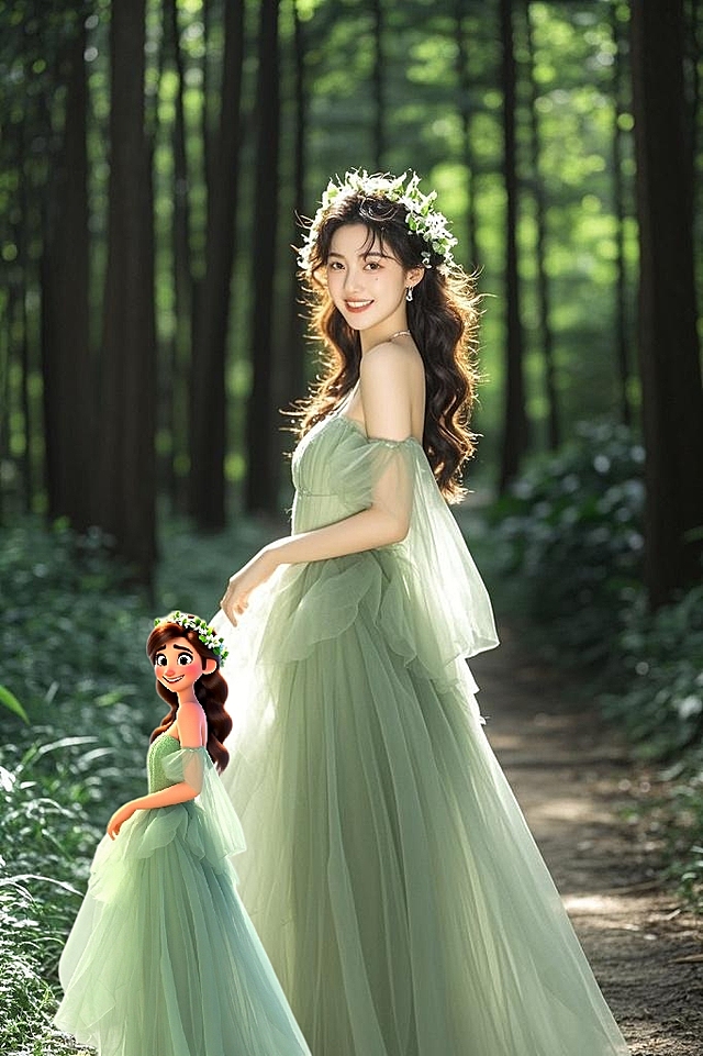 清新梦幻的森林场景，水彩风与轻拟物风结合，甜美少女与动漫角色共舞，营造童话氛围。