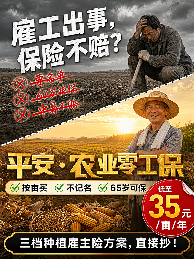 干净明亮的农业纪实风格海报，画面由一条虚线斜分为上下两部分，形成强烈色彩对比。上半部分背景是阴天下的灰暗农田，略带焦虑感的灰调；大字标题为"雇工出事，保险不赔？"；左侧有三个带红色❌图标的关键词"要名单"、"60岁拒保"、"中暑不赔"，使用红色潦草手写体，每个关键词上都画有粗重的红色删除线。下半部分背景是阳光洒满的丰收暖金色田野，充满安全感；核心卖点为金色大字"平安·农业零工保"；下方排列三个带✅图标的关键词"按亩买"、"不记名"、"65岁可保"，使用稳健的黑色字体。画面右下角放置一个醒目的红色圆形贴纸，内部写着"低至35元/亩/年"。海报底部有一个黑底金边横幅，横幅内用白色文字写着"三档种植雇主险方案，直接抄！"。整体版式精美，文字清晰可读，对角线构图，写实商业摄影风格。