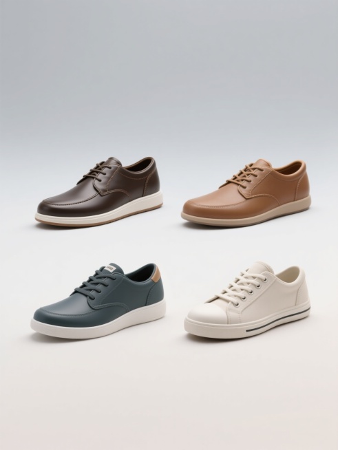 一组4个不同配色、不同样式、不同材质的鞋元素，采用干净简约风格，符合现实逻辑，适用于素材使用。每个鞋款细节清晰，色彩搭配和谐，材质质感真实，包括但不限于运动鞋、皮鞋、休闲鞋、帆布鞋等款式，整体构图均衡，光线明亮柔和，背景纯净无干扰，突出鞋的主体形态和设计特点。预览效果