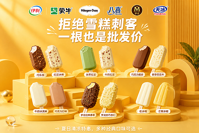 最上方排列伊利、蒙牛、哈根达斯、八喜、梦龙、天冰等冰淇淋品牌logo，中间保留文案“拒绝雪糕刺客 一根也是批发价”，每个品牌选取两款不带包装的雪糕，按照参考图的分层摆放方式展示在黄色阶梯平台上，增加设计感和层次感，在每只雪糕上添加名字标签，最底部保留文案“夏日清凉特惠，多种经典口味可选”，整体暖黄色商业海报风格