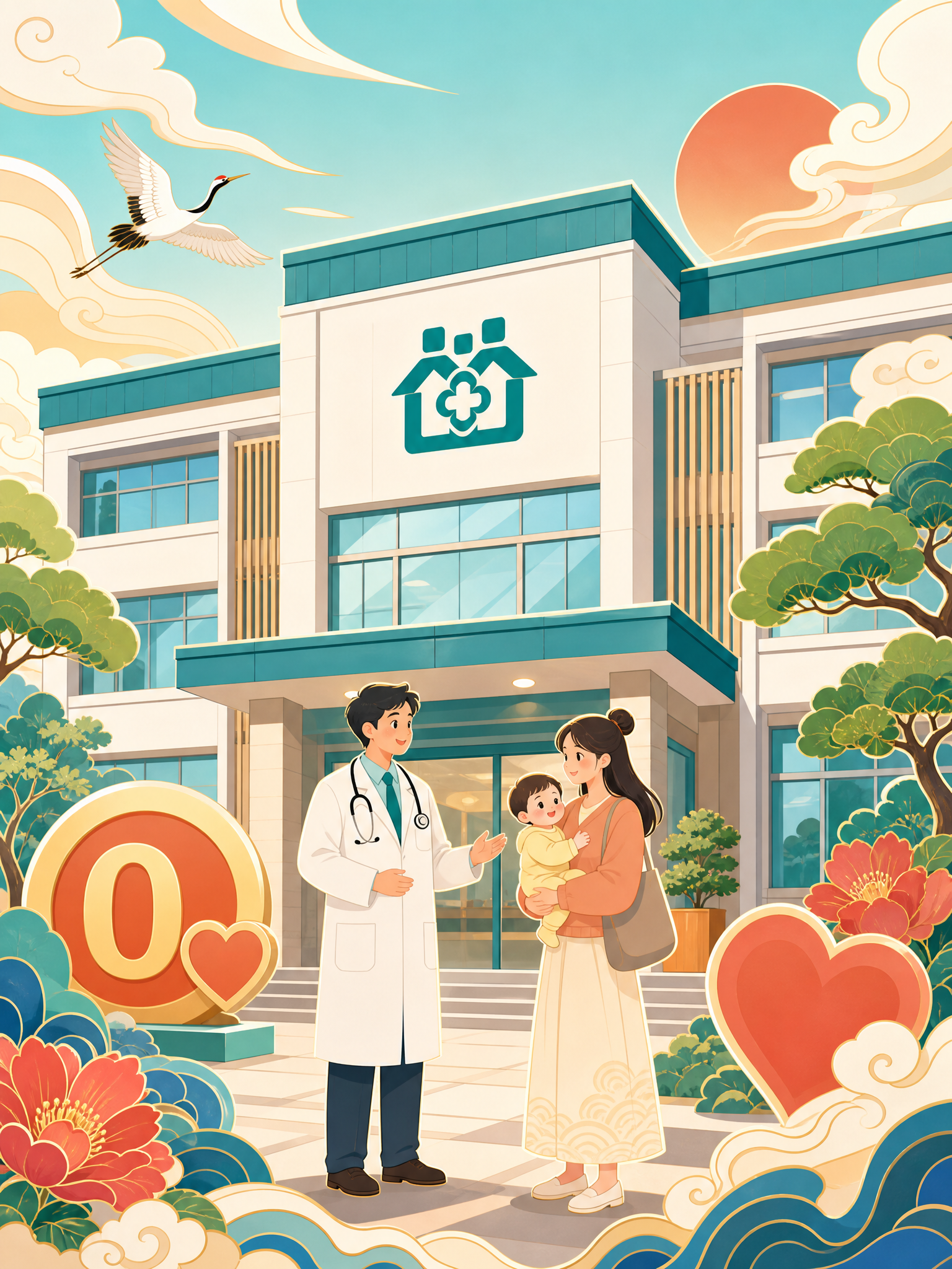 扁平国潮插画风格，3:4竖版比例，画面展示社区卫生服务中心的外… - 图片创意预览