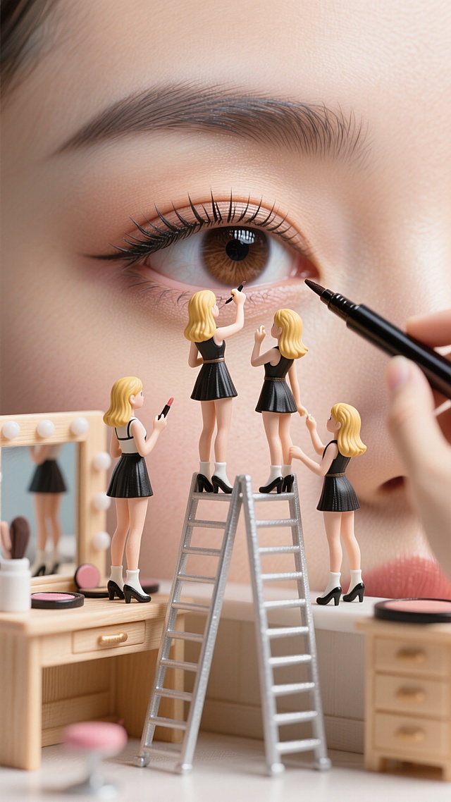 4位身着时尚短裙、金发的迷你女性站在化妆台的梯子上围绕在人眼周围用眼线笔进行眼皮化妆，背景为脸部皮肤和眉毛，脸部轮廓清晰，可以看出来人物是一个中国美女，睫毛款式是自然