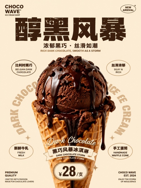 竖版冷饮美食宣传海报，潮流复古粗字体版式，浅暖米色纯色背景。画面中心为华夫蛋筒黑巧克力冰淇淋，表层淋有流动巧克力酱，点缀黑巧碎，酱料自然向下流淌。画面顶部放置厚重粗体标题“醇黑风暴”与中英文简介，冰淇预览效果