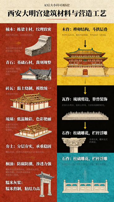 A3大小信息可视化流程图展板，主题为西安大明宫建筑材料与营造工艺，详细展示楠木、青石、砖瓦、琉璃、夯土、桐油、糯米灰浆等建造材料组成，以及传统官式建筑木作、瓦作、石作工艺的专业解析。采用复古精致、高信预览效果