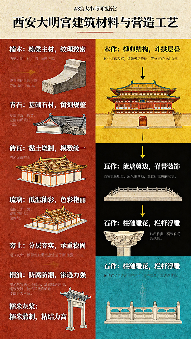 A3大小信息可视化流程图展板，主题为西安大明宫建筑材料与营造工艺，详细展示楠木、青石、砖瓦、琉璃、夯土、桐油、糯米灰浆等建造材料组成，以及传统官式建筑木作、瓦作、石作工艺的专业解析。采用复古精致、高信息密度的图解风格，配色为东方传统朱红、明黄、墨黑、青蓝，配有专业中文文字说明，布局清晰图文并茂。