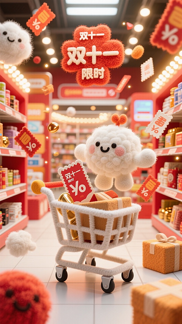 画面中有购物车、优惠券、包裹等购物元素，还有可爱拟人化电商平台形象（或卡通购物小人），围绕 “双十一” 促销标识互动。场景设定：热闹的线上电商界面或线下商场，背景有闪烁促销灯光、满是商品的货架、代表网络的科技感元素，营造双十一购物狂欢氛围。风格参考：3D 卡通渲染风格，活泼有活力，融合电商促销热闹感与卡通可爱感。色调色彩：以红色、金色、橙色等喜庆醒目色调为主，搭配白色亮色，体现促销热烈氛围。构图视角：平视视角，核心促销元素与购物卡通元素置于画面中心。细节补充：飞舞的优惠券，闪烁的 “限时折扣”“满减” 文字光效，商品和购物元素带动态感，似欢快参与购物狂欢。