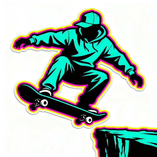masterpiece, vector illustration, skateboarder silhouette with skateboard, in cliff drop stance, wea预览效果