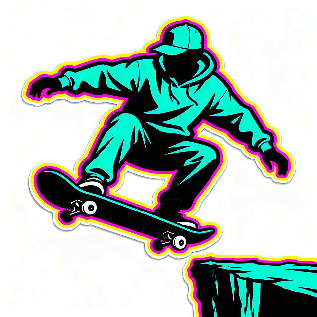 masterpiece, vector illustration, skateboarder silhouette with skateboard, in cliff drop stance, wearing hoodie and cap, pure white background, only skateboarder and skateboard, no extra background elements, teal and black main color, thick dark outline, layered neon magenta and yellow outer glow, retro 90s streetwear style, bold graphic, clean flat colors, sticker design, high contrast, no gradient