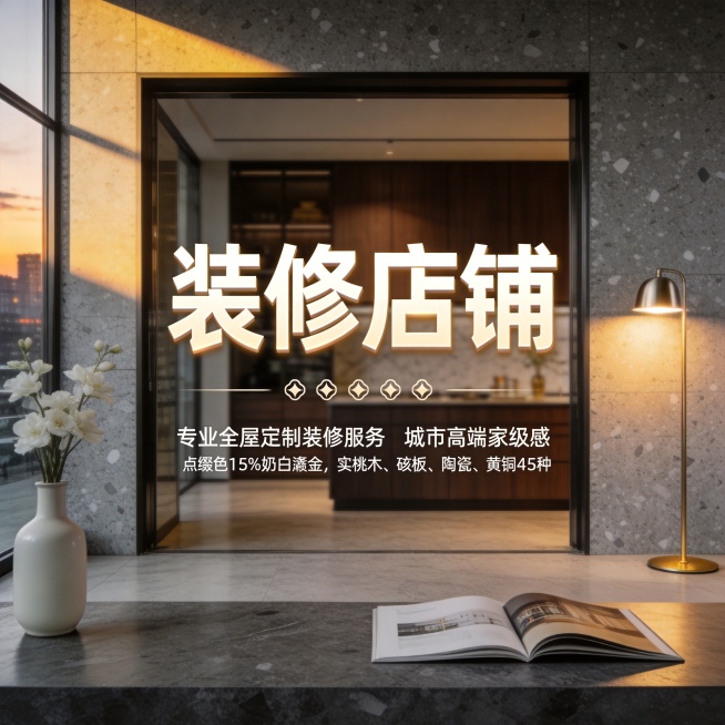 超写实商业装修店铺宣传海报，主题为专业全屋定制装修服务。
主体：海报正中央醒目放置加粗标题文字"装修店铺"，字体大气厚重，标题占画面核心区域。
构图：居中对称构图，标题居中放置，下方点缀装饰元素，整体预览效果