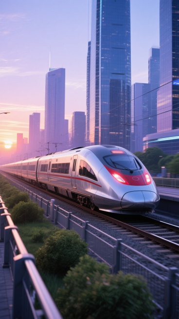超写实风格的高速列车行驶在现代化城市背景中，流线型银色车身搭配红色车头灯，铁轨旁有护栏和绿色植被，远处是玻璃幕墙摩天大楼与夕阳映照的天空，整体呈现出科技感与速度感，光影层次分明，色彩以蓝紫色调为主，营造出未来都市的氛围。预览效果