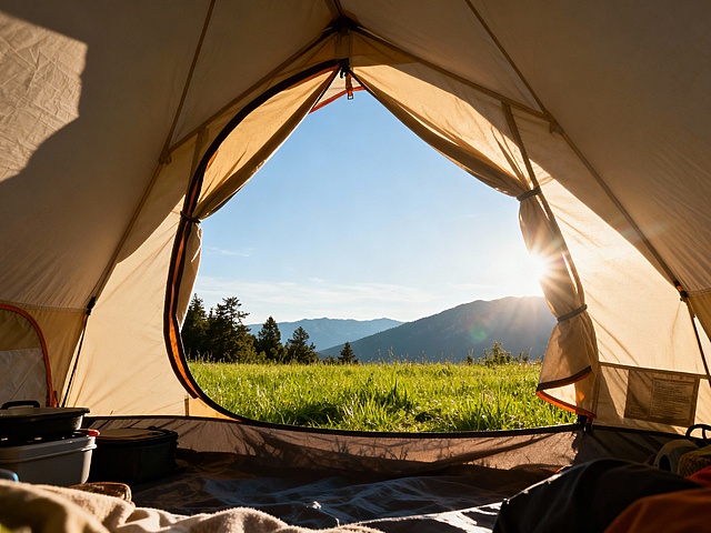 生成一张图：帐篷内，帐篷门打开，往外看去是晴天的风景