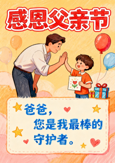 父亲节节日感恩祝福童趣风通用竖版海报预览效果