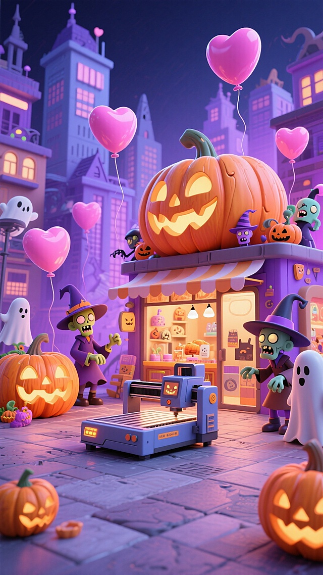 梦幻3D卡通风万圣节场景，拟人僵尸与南瓜灯共舞，充气感心形气球飘浮，软塑料质感光影交织，喜庆趣味十足。