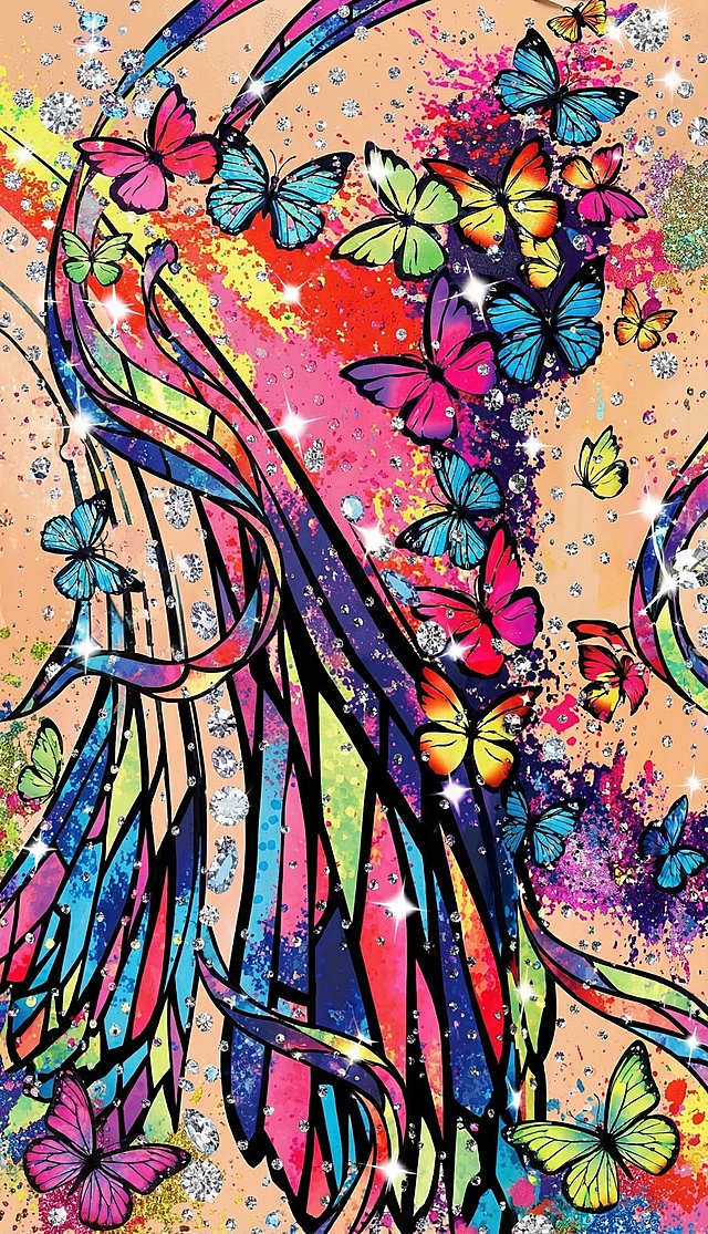 参考原图生成类似带有彩色蝴蝶、彩带和闪亮钻石效果的抽象图案，保持原图的艺术风格和丰富的色彩搭配