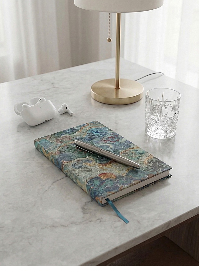 将图中的香薰替换成一支金属质感的钢笔，钢笔放置在笔记本封面上，同时在桌面空白处添加一个白色的苹果AirPods蓝牙耳机，保持笔记本、桌面、台灯、玻璃杯等其他元素完全不变，光影和整体风格与原图一致，融合自然真实。