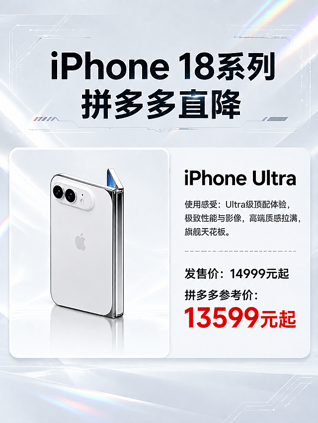 将第一张海报左侧白色圆角卡片内的红色iPhone手机，替换为第二张图中的白色折叠屏iPhone（竖折形态，背面朝向，白色机身，双摄像头，苹果logo，银色金属边框）。保持第二张图中手机的外形、颜色、摄像头结构、折叠形态、logo完全不变，去除第二张图中的桌面、笔记本电脑、手表、耳机、键盘、鼠标等所有背景杂物，只保留手机本身。将替换后的手机放置在第一张海报左侧的白色圆角卡片内，大小和位置与原红色手机区域大致相当，底部带轻微倒影。第一张海报的背景、顶部标题文字、右侧所有文字内容（iPhone Ultra、使用感受、发售价、拼多多参考价及红色价格数字）、排版布局、镭射光效、科技电路纹理等所有其他元素均保持原样不动。