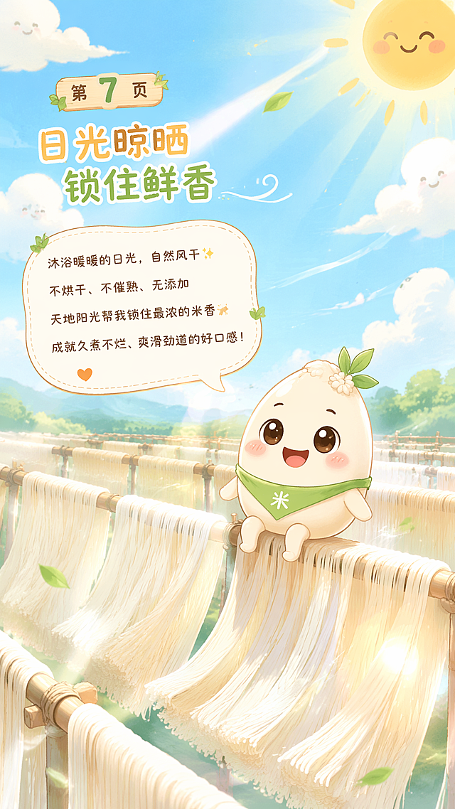 日系小清新可爱卡通动画风，配色奶白浅绿软黄淡青暖橘，画面干净明亮治愈。第7页日光晾晒锁住鲜香：背景是卡通蓝天白云晴朗天空晒粉场，核心画面一排排Q版米粉帘整齐晾晒随风轻飘，米米坐在米粉帘上晒太阳晃小脚，米米有萌萌大眼睛小小手脚，装饰软软云朵暖阳光斑小风线。米米第一人称文案："沐浴暖暖的日光，自然风干✨\n不烘干、不催熟、无添加\n天地阳光帮我锁住最浓的米香\n成就久煮不烂、爽滑劲道的好口感！"，全程主角米米出镜。