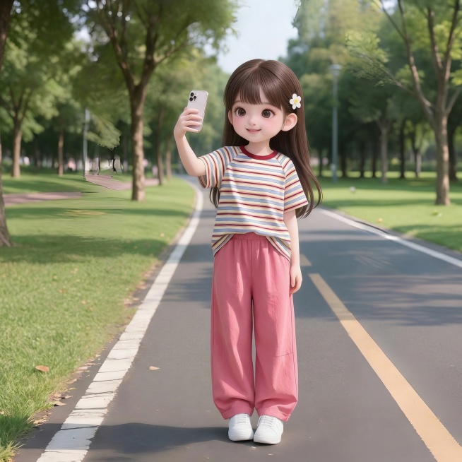 把图1的短袖和裤子给图的2的人物穿上，保留原场景光影，保持图2的人物的脸部和发型不变，人物风格不变，图片宽高尺寸不变，背景不变，鞋子不变，衣服不要扎在裤子里面，人物姿势不变，保持图1的短袖和裤子的款式预览效果