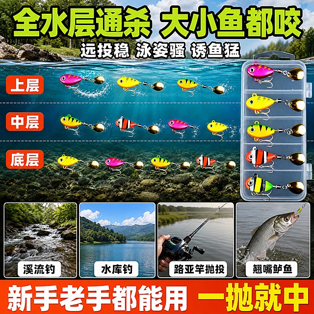 [主图-4] 场景适用 多种水层通杀 路亚钓法展示 拼多多风格主图
[统一基调] 拼多多风格 大字直白 高性价比感 满版信息密度 户外水域背景 主标题荧光绿粗黑体 辅助文案白色 强调色橙红 字体全部为粗黑无衬线体 字号层级分明
[画面] 上部大标题区 中部展示假饵在水中不同泳层的示意 用分层水面表现 上层水面 中层水 底层 各层都有假饵游动的小图示 下方4宫格小图展示适用场景 分别是"溪流钓""水库钓""路亚竿抛投""翘嘴鲈鱼" 每个小图配简短标签 产品外观与输入图一致
[光影质感] 户外自然光感 水面有阳光透射效果 水层表现清澈有层次 场景小图真实自然 产品融入场景不突兀
[配色] 背景蓝绿水色渐变 主标题荧光绿 场景标签白色底深字 水层区分用不同深浅蓝色 产品保持原图色彩
[文字版式] 顶部超大主标题"全水层通杀 大小鱼都咬" 下方副标题"远投稳 泳姿骚 诱鱼猛" 中部水层示意图配文字"上层""中层""底层" 底部4宫格各配场景名称标签 最底部通栏写"新手老手都能用 一抛就中" 文字全部横排
[输出要求] 比例1:1 2048x2048 文字清晰可读 场景真实 产品不变形 无错字 无水印 无平台Logo