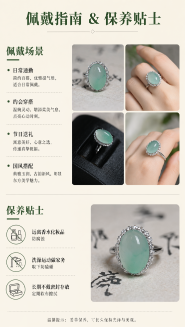 [第9屏] 佩戴场景与保养贴士页-使用指南和养护说明。
[氛围/风格] 简约清晰，条理分明，实用直观，符合国风典雅调性。
[元素布局] 页面分为上下两大板块，上方佩戴场景板块配戒指佩戴多视角小图，下方预览效果