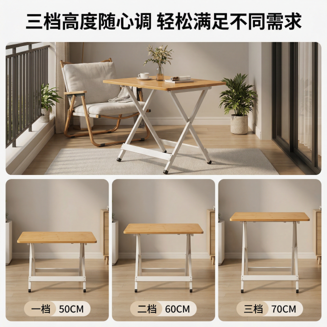 [主图主题] 折叠桌三档高度调节功能展示
[氛围/风格] 舒适简约家居治愈风格，专业清晰展示功能，温馨暖调自然光
[画面元素] 采用上下分屏布局，上图展示折叠桌放置在阳台休闲场景，下图分三格并排展示不预览效果