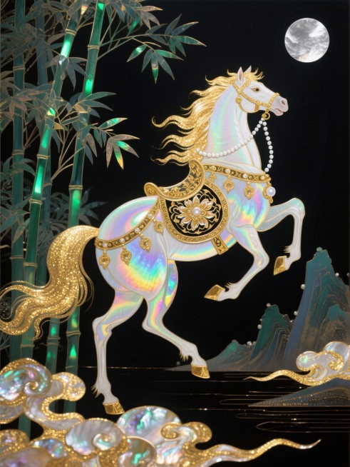 主体是饰有宝相花鎏金鞍具与珍珠锁链缰绳的鎏金白马（毛发泛淡金光晕，呈腾空跃动姿态，鬃毛与马尾飘散成金粉，神圣又迷幻）。背景为黑色基底，意识流国风竹影扭曲交织，淡银月色山水在暗处晕染，竹枝泛荧光绿微光，预览效果