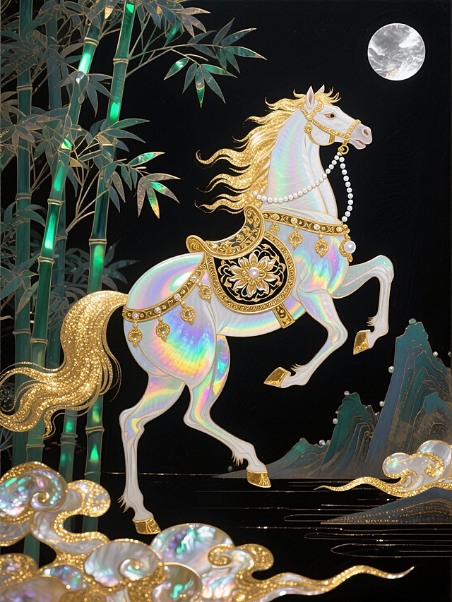 主体是饰有宝相花鎏金鞍具与珍珠锁链缰绳的鎏金白马（毛发泛淡金光晕，呈腾空跃动姿态，鬃毛与马尾飘散成金粉，神圣又迷幻）。背景为黑色基底，意识流国风竹影扭曲交织，淡银月色山水在暗处晕染，竹枝泛荧光绿微光，搭配流动的金色云浪，虚实交错，兼具古韵与迷幻感。
