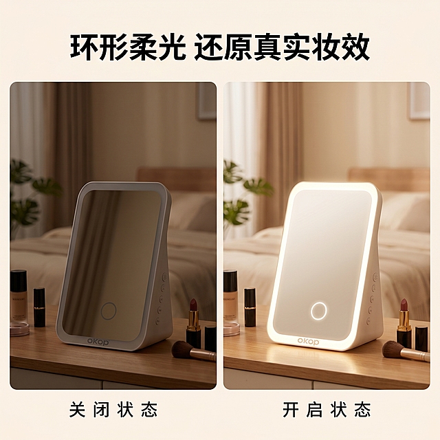 [主图 3] 镜面补光灯智能补光功能展示，温馨舒适家居治愈风。[氛围风格] 自然真实，温馨治愈，场景化展示。[画质] 商业摄影质感，光线柔和通透，产品清晰真实，画面干净高级。[元素] 保持产品外观结构材质颜色与原图一致，产品放置在卧室化妆桌面上，旁边摆放粉底口红等少量化妆品，背景为温馨浅色系卧室环境。通过对比展示补光前后效果：左侧为不开灯场景，右侧为打开补光灯场景，补光开启后环形灯光均匀照亮镜面区域，光线柔和不刺眼。商品主体突出，产品占比约60%。[光影] 补光光线从镜面边框均匀散发出来，整体环境光柔和，补光区域光线明亮均匀，对比自然，光影过渡舒适。[配色] 整体为暖浅色调，温馨治愈，突出补光的温暖感。[视角构图] 平视对比构图，左右分栏，左侧无补光，右侧开启补光，清晰展示差异。[文字版式] 顶部标题「环形柔光 还原真实妆效」，居中放置，粗体清晰。左右分栏分别标注「关 闭 状 态」「开 启 状 态」，文字说明位于分栏下方，干净简洁。文字不遮挡产品主体。[比例分辨率] 1:1比例，2k分辨率，文字清晰锐利，画面超高清。[负向提示词] 变形，水印，文字错乱，产品图模糊，背景杂乱，对比失真。