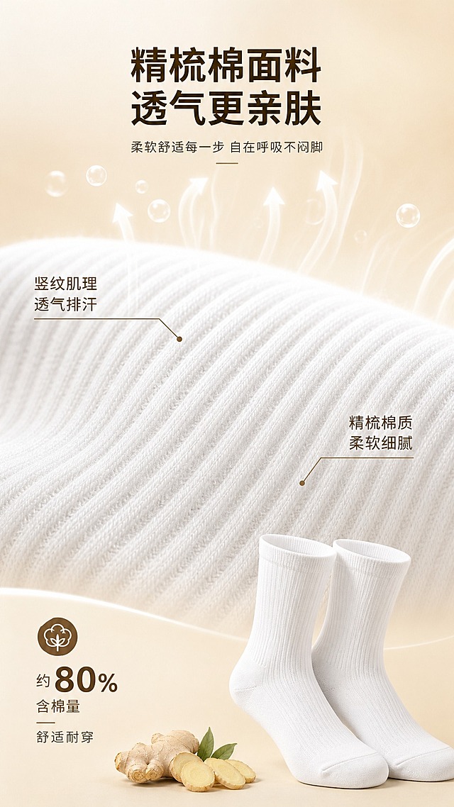 [商品] 使用【图1】棉立方生姜养足抗菌消臭中筒袜白色款；保留袜子竖纹肌理、白色颜色、棉质材质；商品处理：放大展示面料纹理，增强棉质纤维质感和竖纹清晰度，自然理顺袜面。
[画面] 目标：材质透气细节页，突出棉质面料柔软透气特性。构图：上中下结构，上方标题，中部大面积袜子面料微距特写（占画面60%），展示细腻竖纹肌理和棉质纤维质感，用气流/水汽可视化元素表现透气性；下方配一双完整袜子作参照；背景为浅米色渐变，营造温润质感。
[视觉] 套系策略：风格=暖调自然高级商业摄影；标题字=现代黑体粗体；正文字=简洁无衬线黑体；主色=米白+浅姜黄；背景延展=基于米白和浅姜黄做深浅层级、同色渐变和细腻柔焦质感；强调色=深姜棕色，仅用于小面积图标、引线和标签；标题色=深棕褐色；正文色=中暖灰；组件=细线引线标注、数据浮窗、透气气流图形；光影=侧柔光突出面料纹理起伏。
[文字] 顶部大标题"精梳棉面料 透气更亲肤"，面料特写处用引线标注"竖纹肌理 透气排汗""精梳棉质 柔软细腻"，底部补充说明"约XX%含棉量 舒适耐穿"（用约字保守表达）；文字全部横向排版，不遮挡面料主体。
[规格] 图片比例9:16竖版，4K，避免变形、错字、文字过小、面料纹理失真、冷蓝背景。