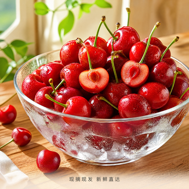 [主图-14] 玻璃碗盛放樱桃展示场景
[氛围风格] 新鲜干净，清爽诱人，居家场景
[画质] 商业摄影质感、光线柔和通透、产品清晰真实、画面干净高级
[元素] 透明玻璃碗装满鲜红萨米脱大樱桃，碗底带少预览效果