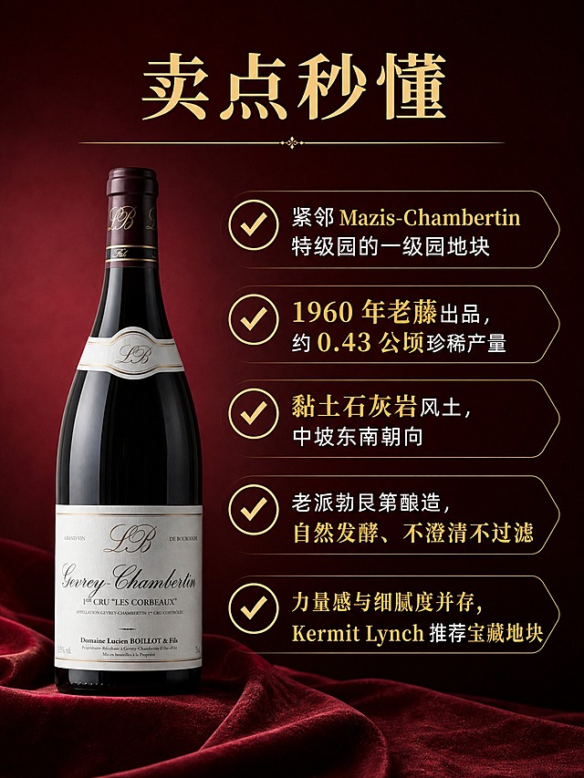 [商品] 使用【图1】Domaine Lucien Boillot酒瓶；保留瓶身和酒标原貌；酒瓶置于画面左侧中央，占画面约35%，瓶身正面略侧展示。
[画面] 目标：卖点秒懂核心优势提炼，重点转化模块。左瓶右文构图，右侧为5条核心卖点，每条带✅图标和短句，用项目符号/标签箭头形式排列；背景为深酒红色渐变底，营造高级转化氛围；卖点文字醒目，一眼扫完核心优势。
[视觉] 套系策略：风格=简约高级勃艮第红酒商业摄影风；标题字=优雅衬线粗体（中文）+ 经典衬线体（英文）；正文字=简洁无衬线体；主色=深酒红+米金色+浅米白；背景延展=深酒红色渐变，底部略深，有细腻绒布质感；强调色=米金色，用于✅图标和卖点关键词高亮；标题色=米金色；正文色=浅米白色；组件=米金色✅对勾图标、细金线分隔、卖点标签式排版；光影=左侧暖光打亮瓶身，右侧文字区有均匀柔光。
[文字] 顶部居中标题「卖点秒懂」，下方细米金线分隔；右侧5条卖点从上到下，每条前有米金色✅图标：「✅ 紧邻 Mazis-Chambertin 特级园的一级园地块」、「✅ 1960 年老藤出品，约 0.43 公顷珍稀产量」、「✅ 黏土石灰岩风土，中坡东南朝向」、「✅ 老派勃艮第酿造，自然发酵、不澄清不过滤」、「✅ 力量感与细腻度并存，Kermit Lynch 推荐宝藏地块」；卖点关键词用米金色高亮，短句为主，拒绝大段文字；所有文字横排，字号偏大保证手机端一眼看清。
[规格] 图片比例3:4竖版（宽750px，高1000px），分辨率2K，quality=medium；避免变形、错字、文字过小、卖点不清晰、冷蓝背景。