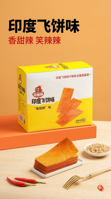 9:16竖版商品主图，印度飞饼味香甜辣辣条整箱展示，包装箱摆放于暖橙色置物台，前景白色瓷盘叠放多片薄辣条，旁侧搭配红辣椒和白芝麻，暖调自然光，全屏铺满无白边，主标题文字"印度飞饼味"，副标题"香甜辣预览效果