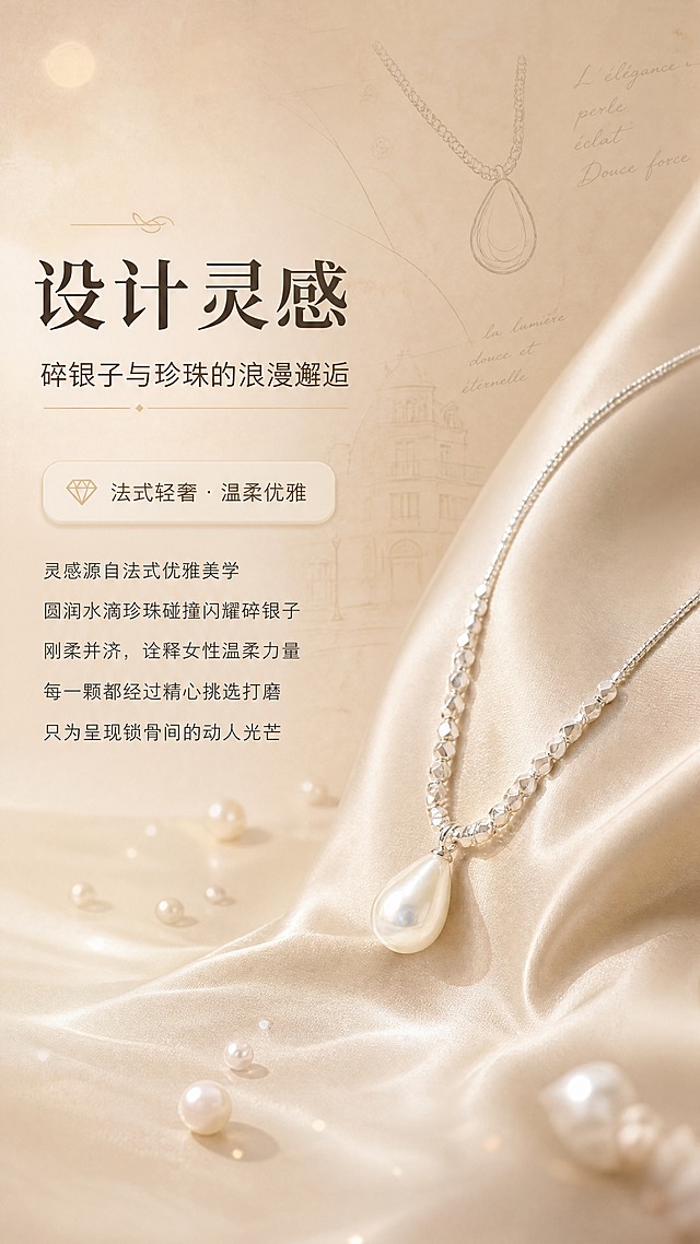 [商品] 使用【图1】珍珠碎银子项链；保留水滴形珍珠吊坠、碎银子闪钻链身、银色电镀质感，不改变商品结构、颜色和比例。
[画面] 页面目标：设计故事与理念传达，提升产品价值感。构图：左文右图，右侧项链斜放展示全貌，左侧留白放设计理念文案。主体占画面45%。景别：中景。前中后景：前景散落小珍珠装饰，中景项链+丝绸衬布，后景暖米色肌理背景带手写设计稿元素。
[视觉] 套系策略：风格=法式轻奢珠宝商业摄影；标题字=优雅衬线粗体；正文字=简洁无衬线体；主色=奶茶米杏；背景延展=基于奶茶米杏做深浅渐变、柔焦光斑和细腻丝绸质感；强调色=香槟金，仅用于小面积装饰线、图标和标签；标题色=深棕灰；正文色=暖中灰；组件=圆角浅金信息卡、细金线引线；光影=侧上方柔暖漫射光，营造文艺高级感。
[文字] 左侧主标题：「设计灵感」，副标题：「碎银子与珍珠的浪漫邂逅」，正文：「灵感源自法式优雅美学
圆润水滴珍珠碰撞闪耀碎银子
刚柔并济，诠释女性温柔力量
每一颗都经过精心挑选打磨
只为呈现锁骨间的动人光芒」；文字区在左侧，不遮挡项链主体。
[规格] 图片比例9:16竖版，4K分辨率，淘宝/天猫详情页风格，中文文案；避免变形、错字、文字过小、冷蓝背景、商品颜色改变、结构失真、极限词。