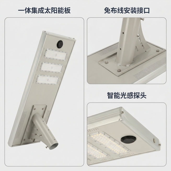 [主图 3] 太阳能路灯结构细节展示拼图
[氛围风格] 清晰直观的工艺展示，B端品质信任感
[画质] 商业摄影质感、细节清晰分明，拼接自然，画质超高清。
[元素] 采用1大2小的拼图版式，左侧大模块展预览效果
