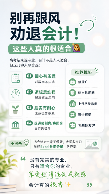 风格：清新简约小红书种草风写实商业摄影，版式精美
主标题："别再跟风劝退会计！这些人真的很适合🙋‍♀️"
核心正文：高考结束选专业，会计不是人人适合，但这几种人尽管选：1.细心有条理 对数字不头疼预览效果
