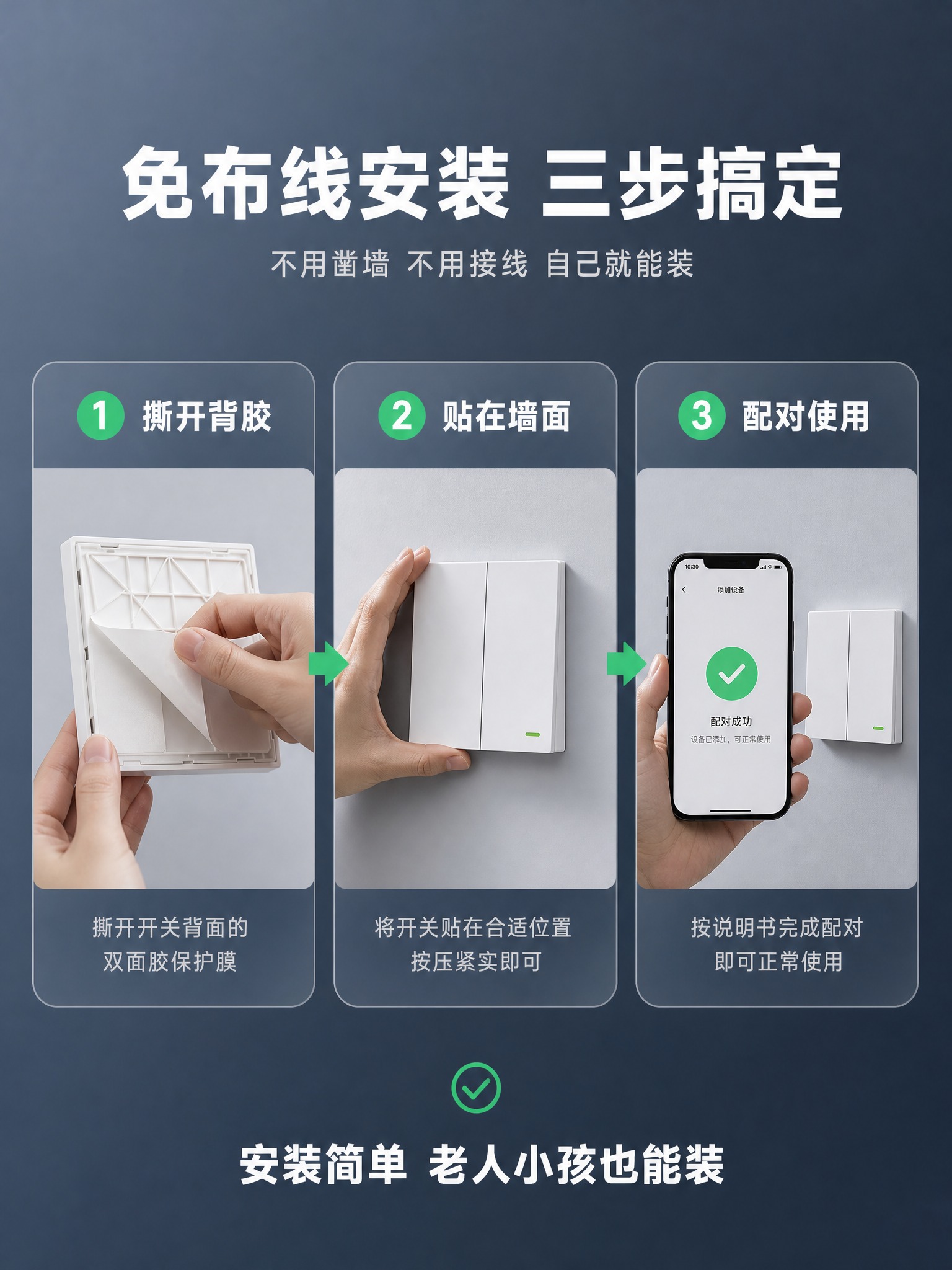 [详情页-第8张] 自发电无线开关 免布线安装步骤图。 [商品… - 图片创意预览