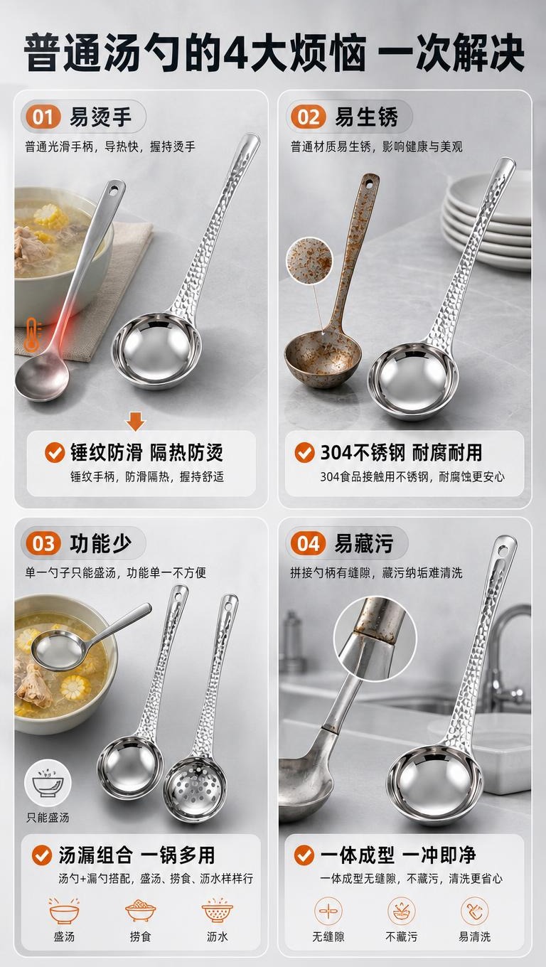 [商品] 使用【图1】中的304不锈钢锤纹汤勺和漏勺；保留勺头… - 图片创意预览