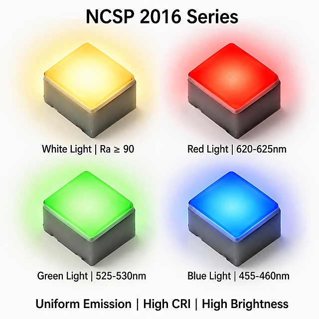 NCSP 2016 LED multi-color glowing macro detail image, 1000x1000, pure white background. Four NCSP 2016 SMD LED chips arranged in 2x2 grid, all powered on and glowing brightly with uniform light emission and soft radiant glow halos. Each chip is close-up macro shot showing excellent light uniformity and high CRI quality. Top-left: White Light glowing warm white-yellow with soft halo, label below 'White Light | Ra ≥ 90'. Top-right: Red Light glowing vivid bright red with red halo, label below 'Red Light | 620-625nm'. Bottom-left: Green Light glowing bright green with green halo, label below 'Green Light | 525-530nm'. Bottom-right: Blue Light glowing deep blue with blue halo, label below 'Blue Light | 455-460nm'. Top center title: 'NCSP 2016 Series'. Bottom text: 'Uniform Emission | High CRI | High Brightness'. All text in English, black sans-serif font. No LediCore logo. Studio lighting, commercial photography quality, ultra sharp macro details, realistic glow effects.
