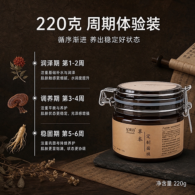 [主图-4] 周期养护方案与规格信息，强调220克周期体验装的使用价值与护肤逻辑。
[统一基调] 整体中药风格，低饱和深褐色、黑褐色、枯黑色、暗绿色为主色调，背景为深褐色旧宣纸纹理与中药卷轴元素，所有文字均为白色，字体选用干净非衬线体，不花哨，不使用医疗化夸张表达，禁用「温和」二字。
[画面] 产品罐位于画面右侧，占画面约35%，完整展示罐身。左侧为周期养护信息展示区，以竖排时间轴形式呈现：第一阶段「润泽期 第1-2周」、第二阶段「调养期 第3-4周」、第三阶段「稳固期 第5-6周」，每个阶段配简短说明。时间轴用白色细竖线连接，旁边点缀小型干药材图标（红花、灵芝、人参简笔）。背景为深褐色做旧宣纸纹理，左下角散落少量干枯草本枝叶。整体画面沉稳有章法，中药处方笺风格。
[光影质感] 商业摄影质感，均匀正面柔光，产品罐立体感强，背景宣纸纹理清晰，整体氛围专业可信，中式养生调理感。
[配色] 主色深褐色、黑褐色、暗绿色、宣纸深棕，所有文字纯白色，时间轴线为细白线。
[文字版式] 画面顶部居中白色大字主标题「220克 周期体验装」，下方小字「循序渐进 养出稳定好状态」。左侧时间轴每个阶段白色中号字标注阶段名称，下方小号字说明重点，文字均为白色非衬线体，左对齐排列，层级分明，不遮挡产品。底部右侧小字「净含量 220g」。
[输出要求] 1:1正方形，2048x2048，产品清晰不变形，文字清晰可读，无水印无平台Logo，无医疗夸张表达，禁用「温和」二字，不出现治疗、根治等医疗化词汇。负向：变形、错字、模糊、杂乱、水印、悬浮、穿模、彩色文字、花哨装饰、医疗图标、夸张功效数据、绝对化用语。