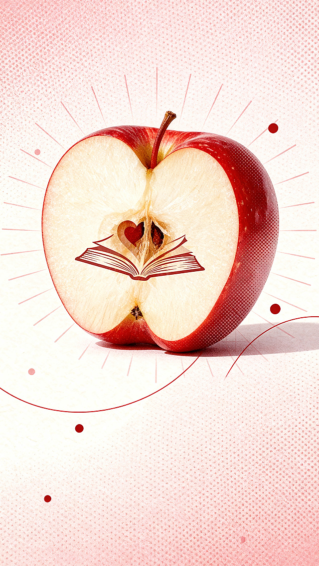 融合第一张图切开一半红苹果（果核处爱心与书页结合图案）的样式，使用第二张图的背景，去掉所有文字，整体呈现轻微纸张印刷质感，均匀网点纹理覆盖，竖版海报，保持苹果居中偏上