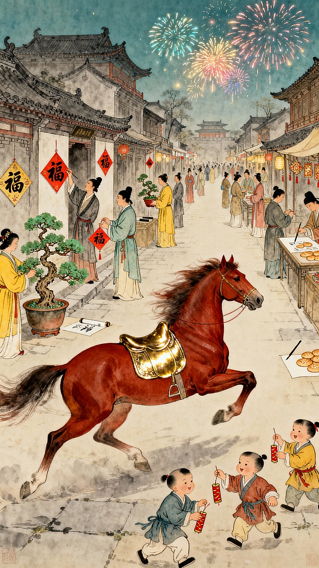工笔与水墨交融，国潮风韵浓厚，描绘春节市集欢庆场景，孩童嬉戏、骏马奔腾，喜庆古典，尽显中式年味。