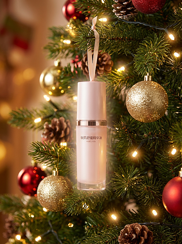 轻拟物风玻璃瓶身搭配金属质感细边，悬挂于圣诞树间，暖光环绕，营造喜庆温馨的节日氛围，实景感十足。