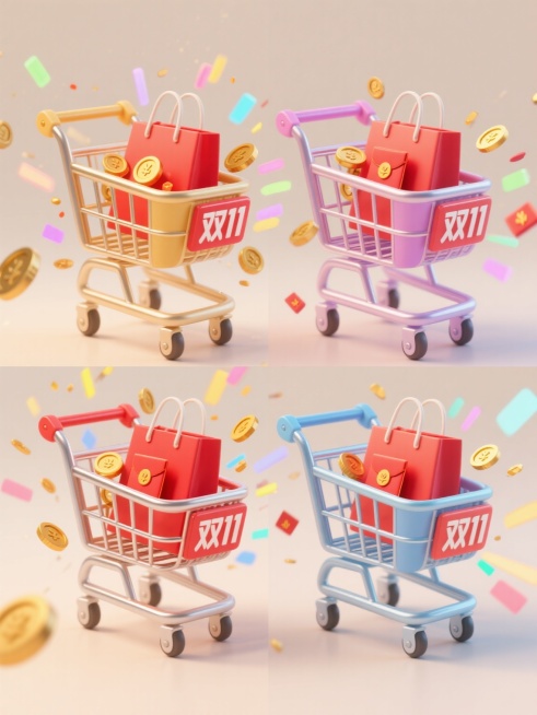 6个不同配色、不同样式、不同材质的3D立体购物车造型，采用上下两行对齐排列，浅色背景，每个购物车充满动感与活力，内部装有红色购物袋、金色硬币和红包元素，周围有彩色光效和金币飞溅效果，加入醒目的"双11"强促销文案，整体呈现出欢快、热闹的购物氛围，视觉层次分明，信息传达高效，符合电商促销的视觉风格。预览效果