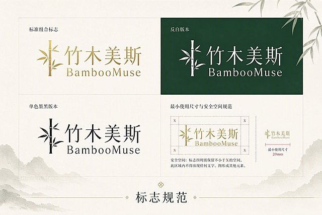 品牌VI标志规范展示板，东方自然美学风格，竹木美斯BambooMuse品牌。画面展示品牌logo的多种规范形式：左上是标准组合标志（金色竹木美斯中文+BambooMuse英文），右上是反白版本（白色logo在深绿色背景上），左下是单色墨黑版本，右下是最小使用尺寸示意与安全空间规范（用红色辅助线标注logo周围的安全留白区域）。下方标注"标志规范"字样。整体米白色背景，专业VI设计展示板风格，精致优雅，高清细腻，排版整齐有序