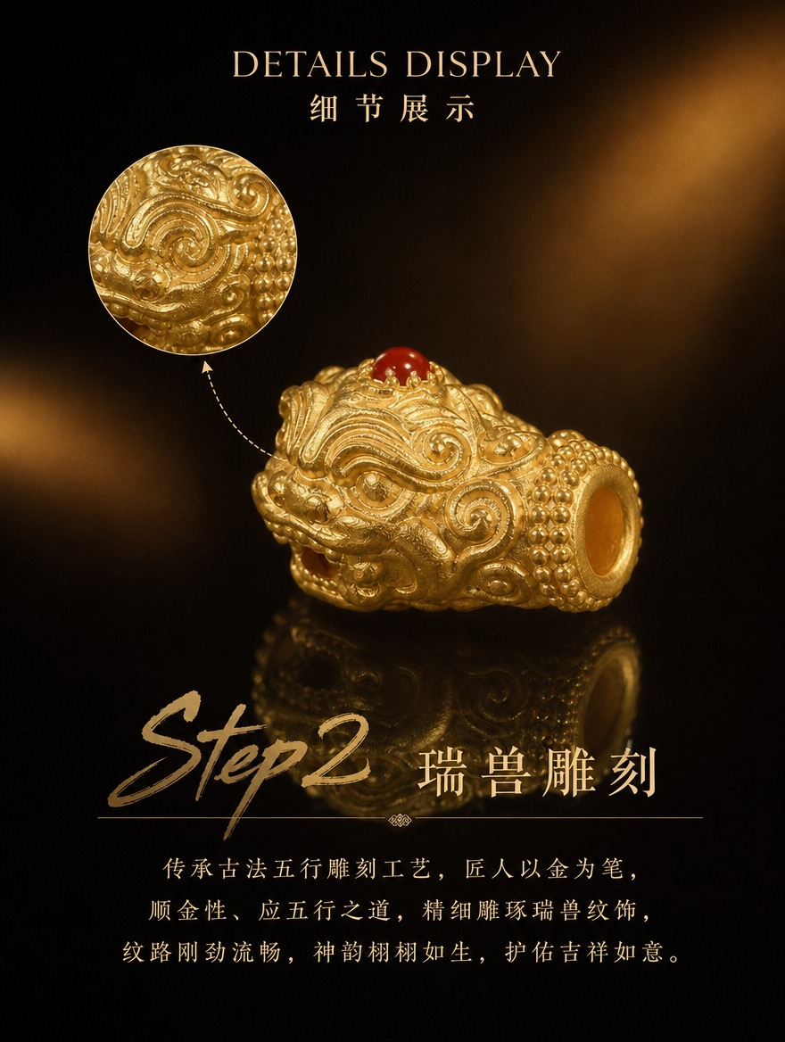 古法黄金瑞兽三通细节展示第二步，与Step1统一版式。画面顶部… - 图片创意预览