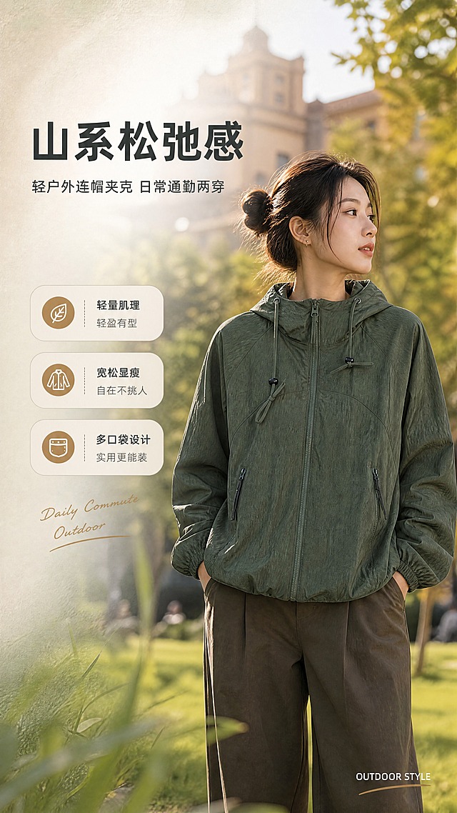 [商品] 使用【图1】橄榄绿连帽休闲夹克；商品处理：保留连帽抽绳、前中拉链、插肩袖、两侧拉链口袋、下摆收口、袖口松紧、橄榄绿肌理面料和整体廓形；自然去除衣身杂乱褶皱，理顺垂坠，增强面料肌理纹理、缝线、拉链和五金质感，不改变版型、颜色和结构。
[画面] 目标：山系轻户外风格头图海报，突出松弛感与整体版型。左文右图构图，亚洲女模特穿着夹克站在城市公园绿植旁，自然侧身回头姿态，夹克正面完整可见，产品占画面约55%。前景草地虚化，中景模特为主体，后景虚化树木与暖调建筑轮廓，营造秋日午后氛围。
[视觉] 套系策略：风格=山系轻户外高级商业摄影；标题字=现代无衬线粗体（字重Bold）；正文字=简洁无衬线体（字重Regular）；主色=橄榄绿；背景延展=基于橄榄绿做深浅层级、同色渐变和细腻织物/纸张质感，搭配米杏色中性底；强调色=焦糖棕，仅用于小面积图标、引线和标签；标题色=深炭灰；正文色=中暖灰；组件=圆角浅底信息卡、细线引线、手写感英文装饰；光影=右前侧暖柔光，自然柔和阴影。
[文字] 左上留白放主标题「山系松弛感」、副标题「轻户外连帽夹克 日常通勤两穿」和3个短卖点（轻量肌理 / 宽松显瘦 / 多口袋设计），文字横向排版，不遮挡服装主体、帽口和拉链。右下角小号英文装饰「OUTDOOR STYLE」。
[规格] 图片比例9:16竖版，分辨率4K，quality=medium。避免变形、错字、文字过小、冷蓝/蓝灰背景、衣服颜色改变、版型失真、极限词、平台Logo水印。