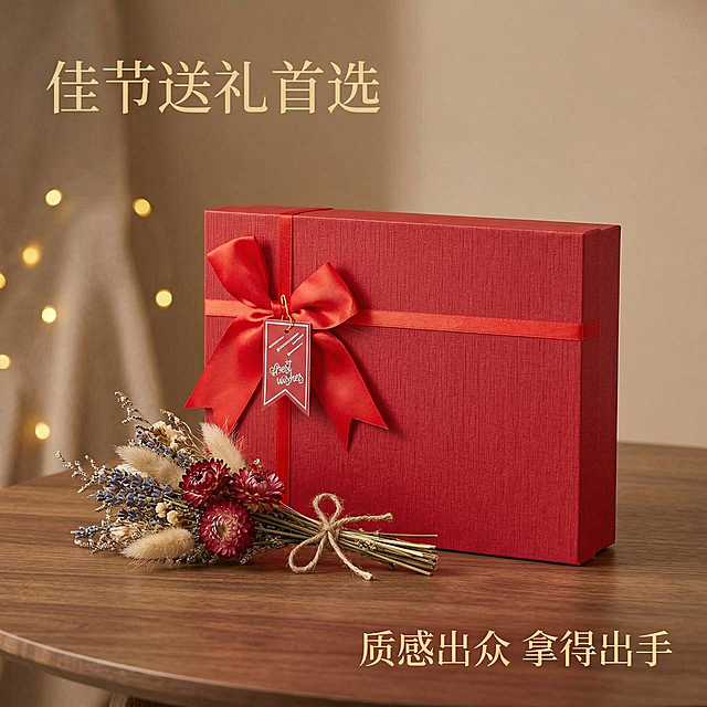 基于原图的红色丝带礼品盒，生成第四张拼多多主图，保持礼品盒外观和原图100%一致，风格直白高性价比，和前面三张风格光影统一。展示礼品盒放在高档桌面的送礼场景，礼品盒搭配一小束干花点缀，背景简约干净，营造节日送礼氛围，左上角文案 "佳节送礼首选"，右下角文案 "质感出众 拿得出手"，文字均悬浮于背景留白处，不遮挡礼品盒主体，整体画面温馨有氛围感，传递产品礼品属性。