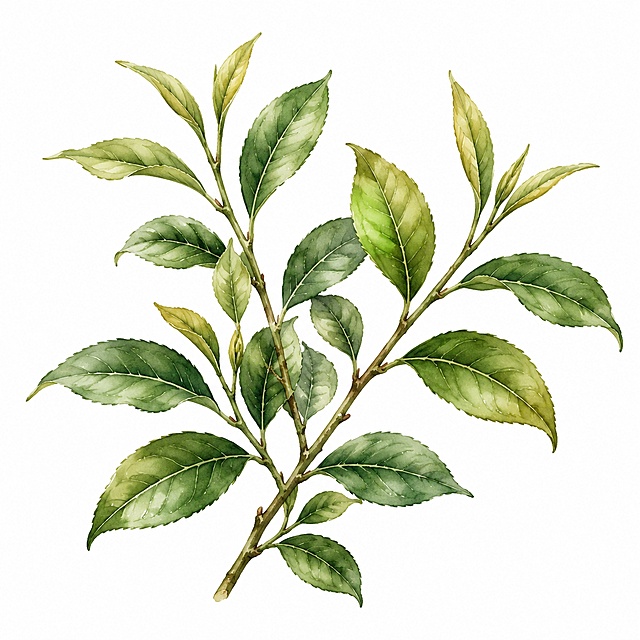 参考原图紫丁香花的水彩手绘风格，生成岩茶茶叶枝条素材，保留清新淡雅水彩质感，偏深绿暖调自然色调，适合包装设计使用，白底无文字