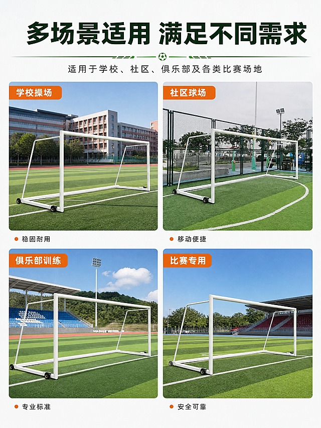 [商品] 使用【图1】足球门全景图；保留白色铝合金框架、整体结构比例、带轮底座；产品融入不同场景，保持结构与颜色一致。
[画面] 目标：多场景展示页，体现产品适用范围广。构图：四宫格拼图，每格一个使用场景。景别：中景-全景。信息载体：场景标签+短卖点。前中后景：每格独立场景，前景草坪、中景球门、后景不同环境。
[视觉] 套系策略：风格=运动户外专业商业摄影；标题字=粗黑体；正文字=简洁黑体；主色=球场绿+白色；背景延展=四格不同场景色调，统一绿色系基调；强调色=活力橙，仅用于场景标签；标题色=深墨绿；正文色=深灰；组件=场景标签、分割线、顶部标题栏；光影=各场景自然光，整体亮度统一。
[文字] 顶部主标题「多场景适用 满足不同需求」。四宫格分别标注：学校操场、社区球场、俱乐部训练、比赛专用。每格配1句短卖点：稳固耐用/移动便捷/专业标准/安全可靠。
[规格] 图片比例3:4竖版，4K分辨率，避免变形、错字、文字过小、产品结构在各场景中比例失真。